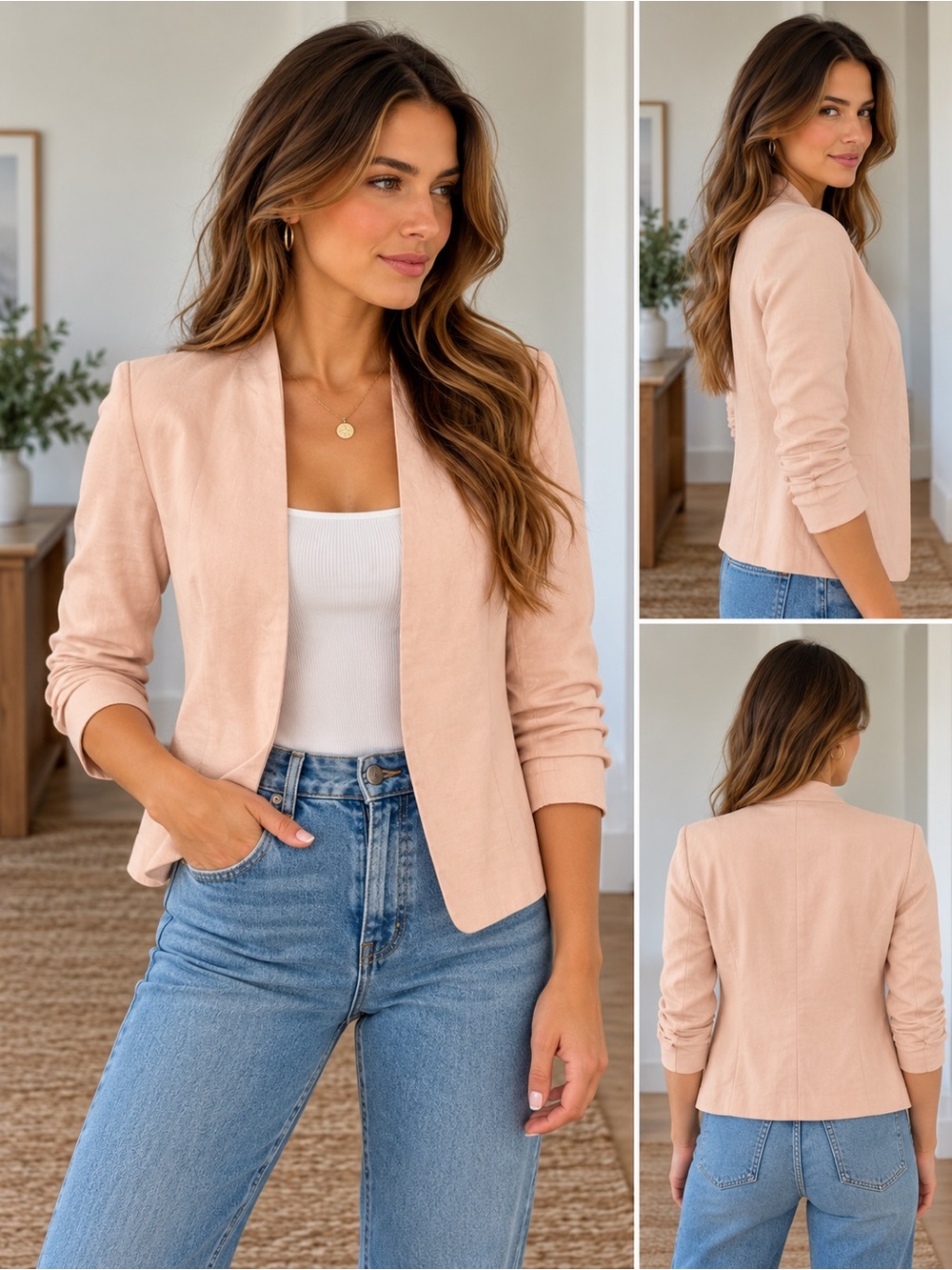 Babaton Aritzia Blush Pink Linen Blend Open Front Blazer Jacket Size 0